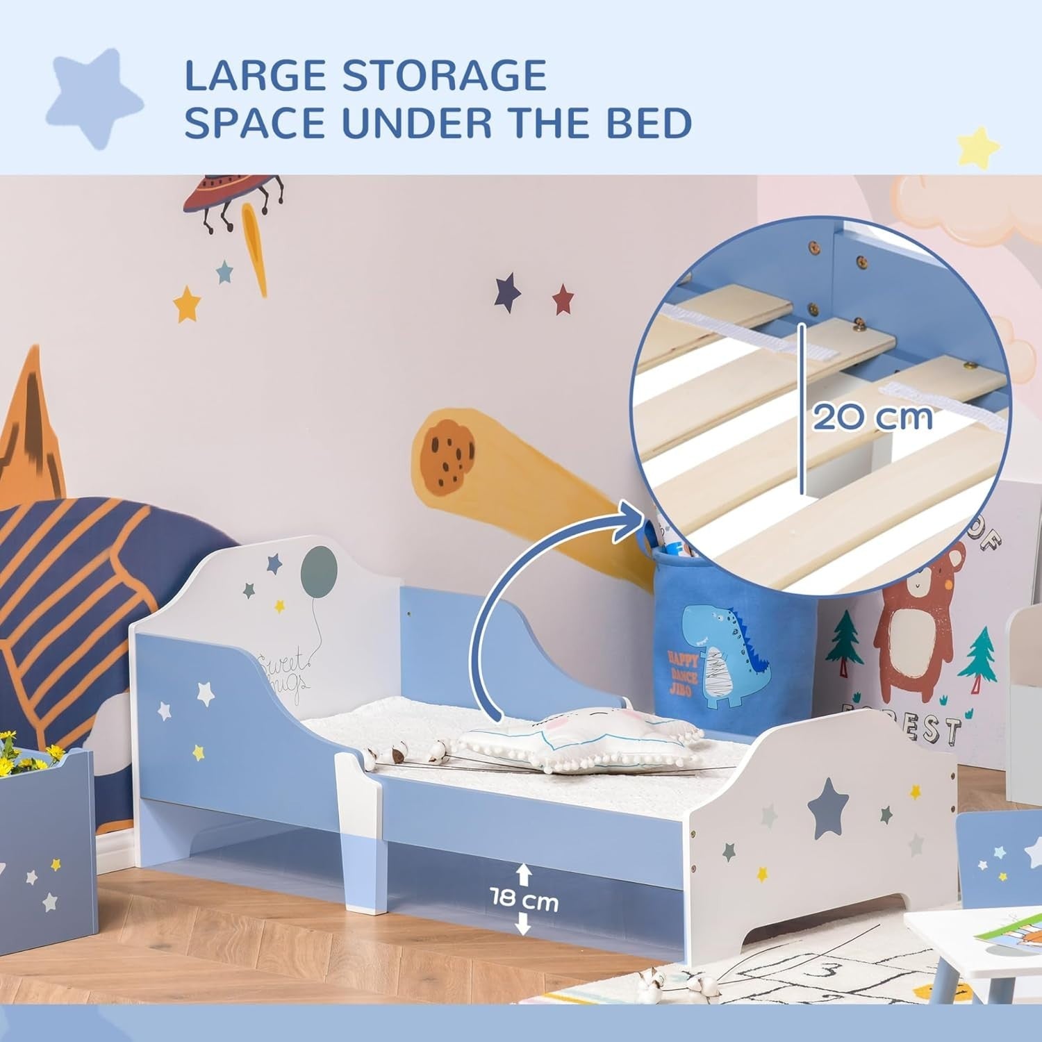 Kids Toddler Bed Frame with Guardrails Low Junior Bed Safe Modern Blue
