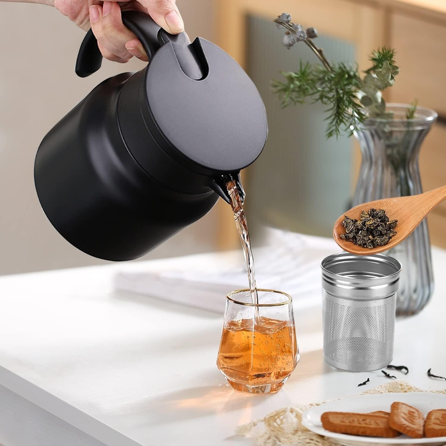 Vacuum Teapot 800ml Stainless Steel Tea Coffee Pot Temp Display Black