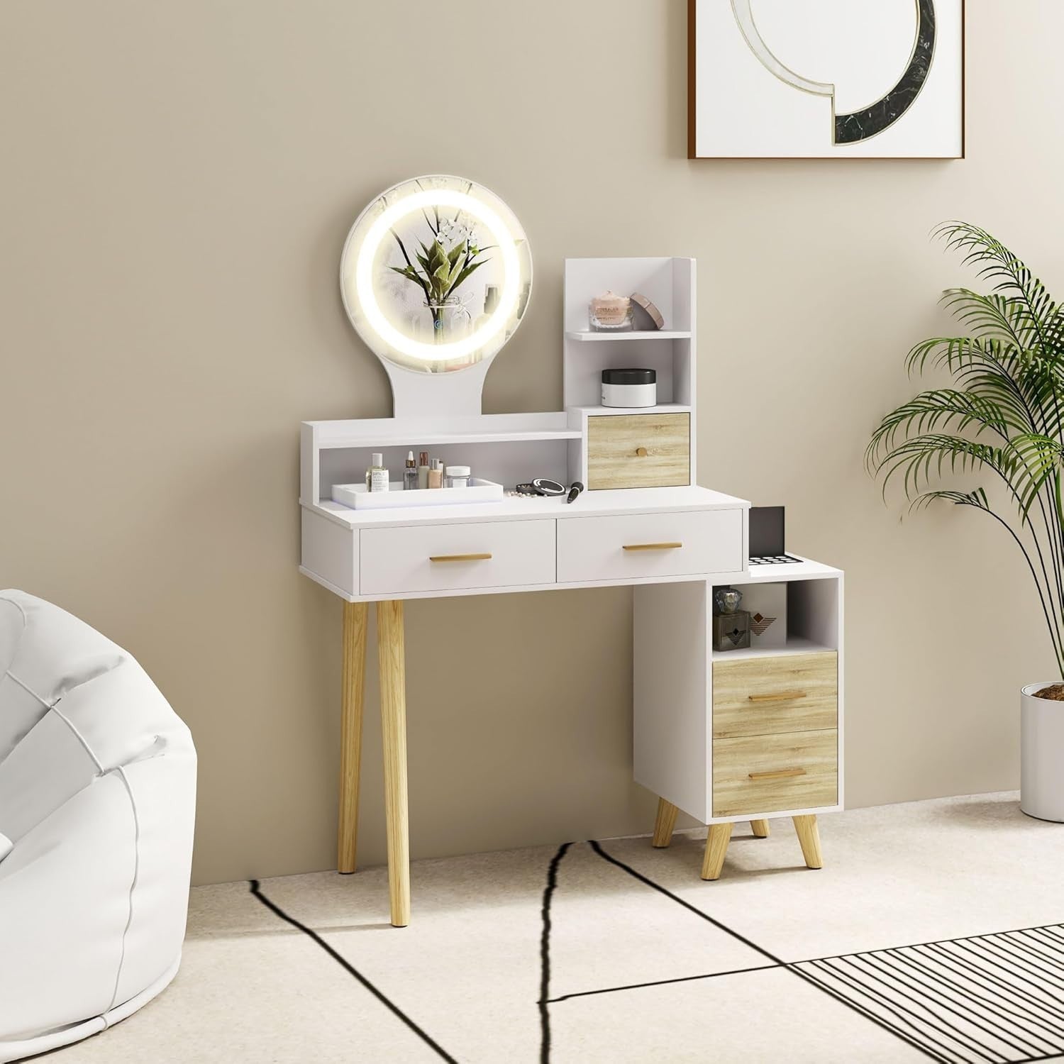Dressing Table Desk Scandi White with LED Mirror 5 Drawers Storage Makeup Vanity