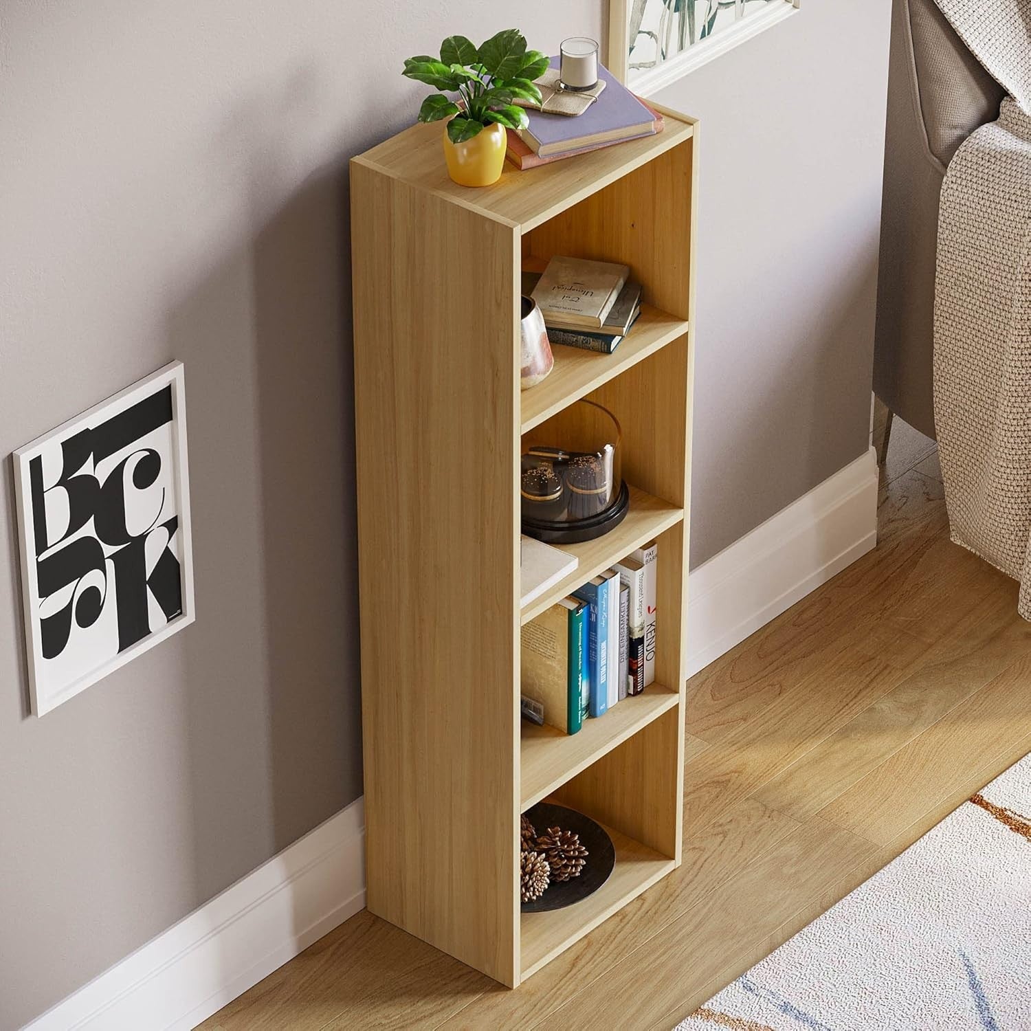 4 Tier Oak Wooden Cube Bookcase Small Storage Shelf for Living Room Office