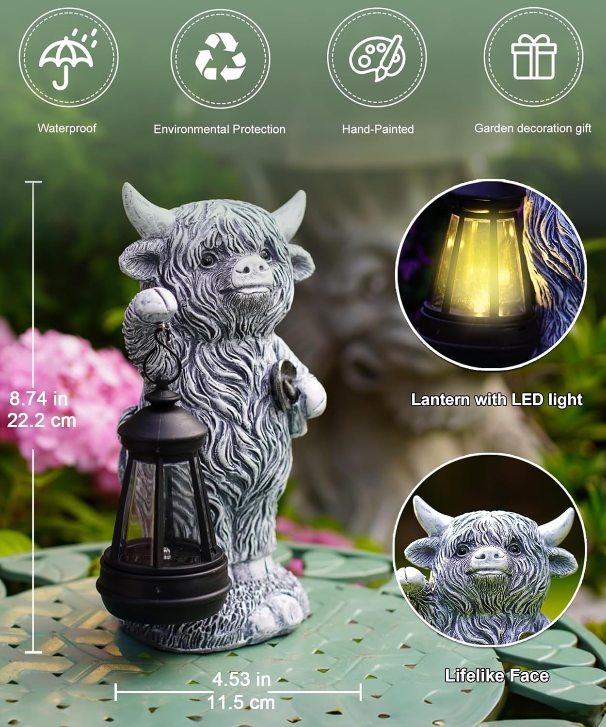 Solar Highland Cow Garden Ornament with Lantern | Outdoor Resin Statue Patio