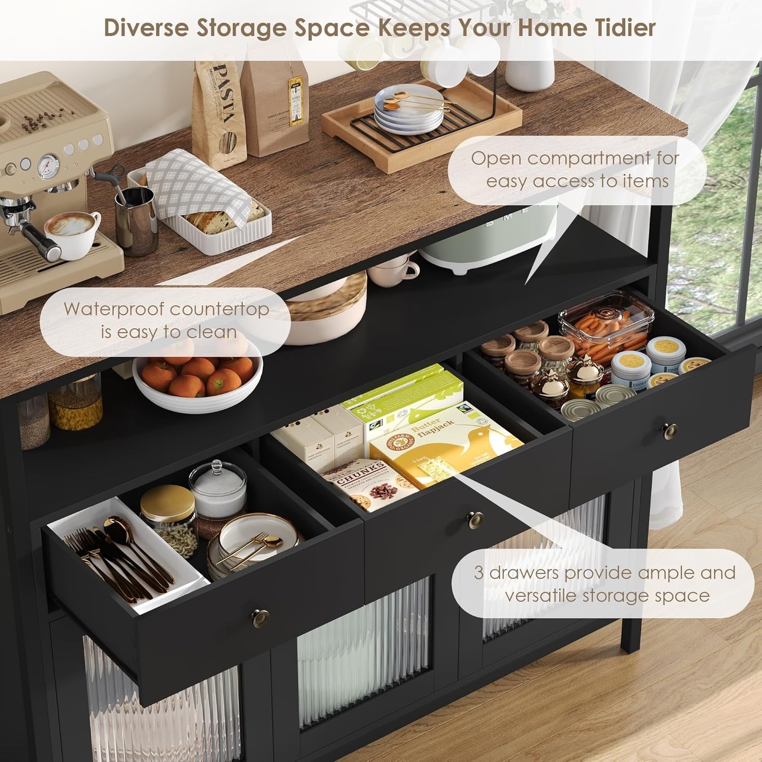 Modern Black Sideboard Cabinet with Glass Doors, Drawers, Adjustable Shelves
