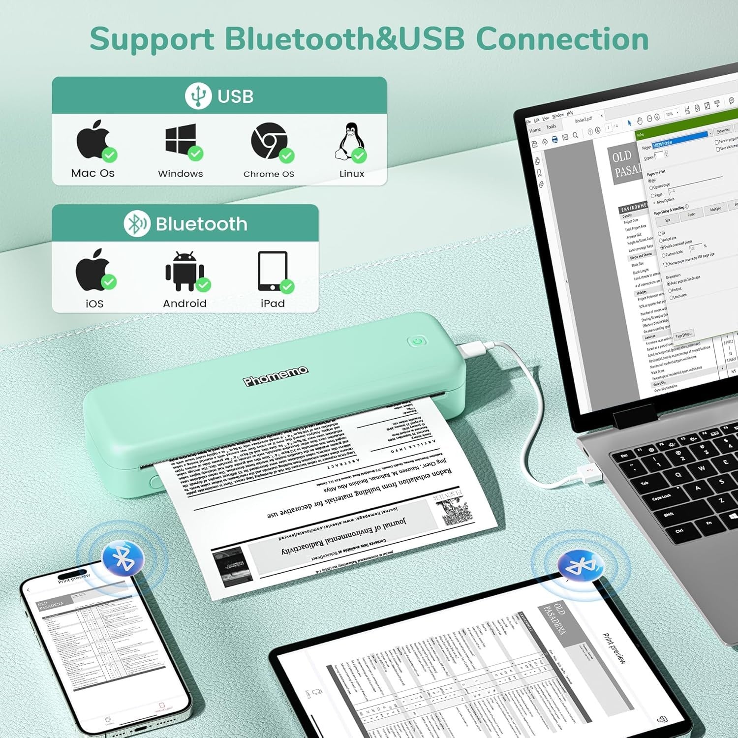 Portable A4 Thermal Printer Bluetooth Inkless 4 Rolls Green