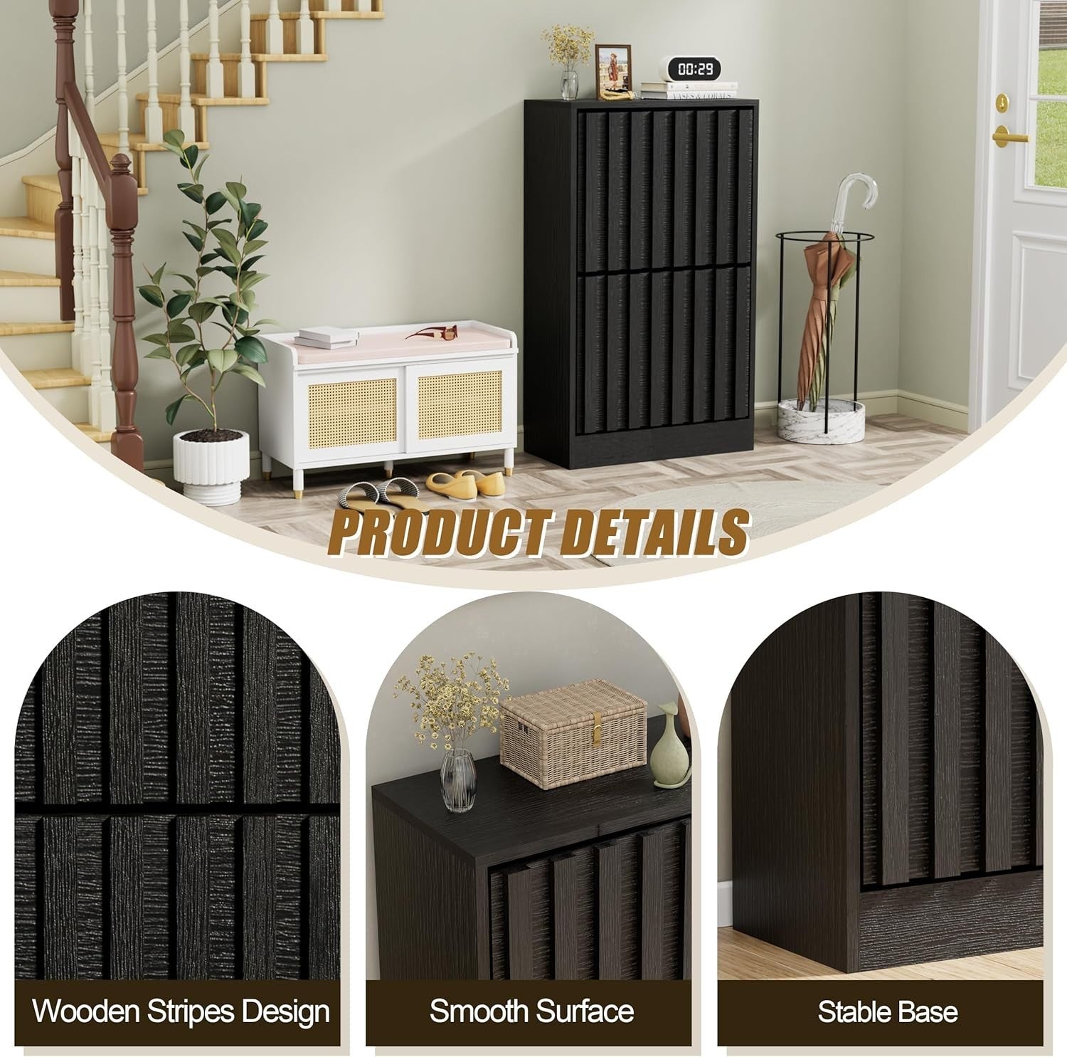 Slim Wooden Shoe Storage Cabinet with 2 Flip Drawers & Ventilated Doors
