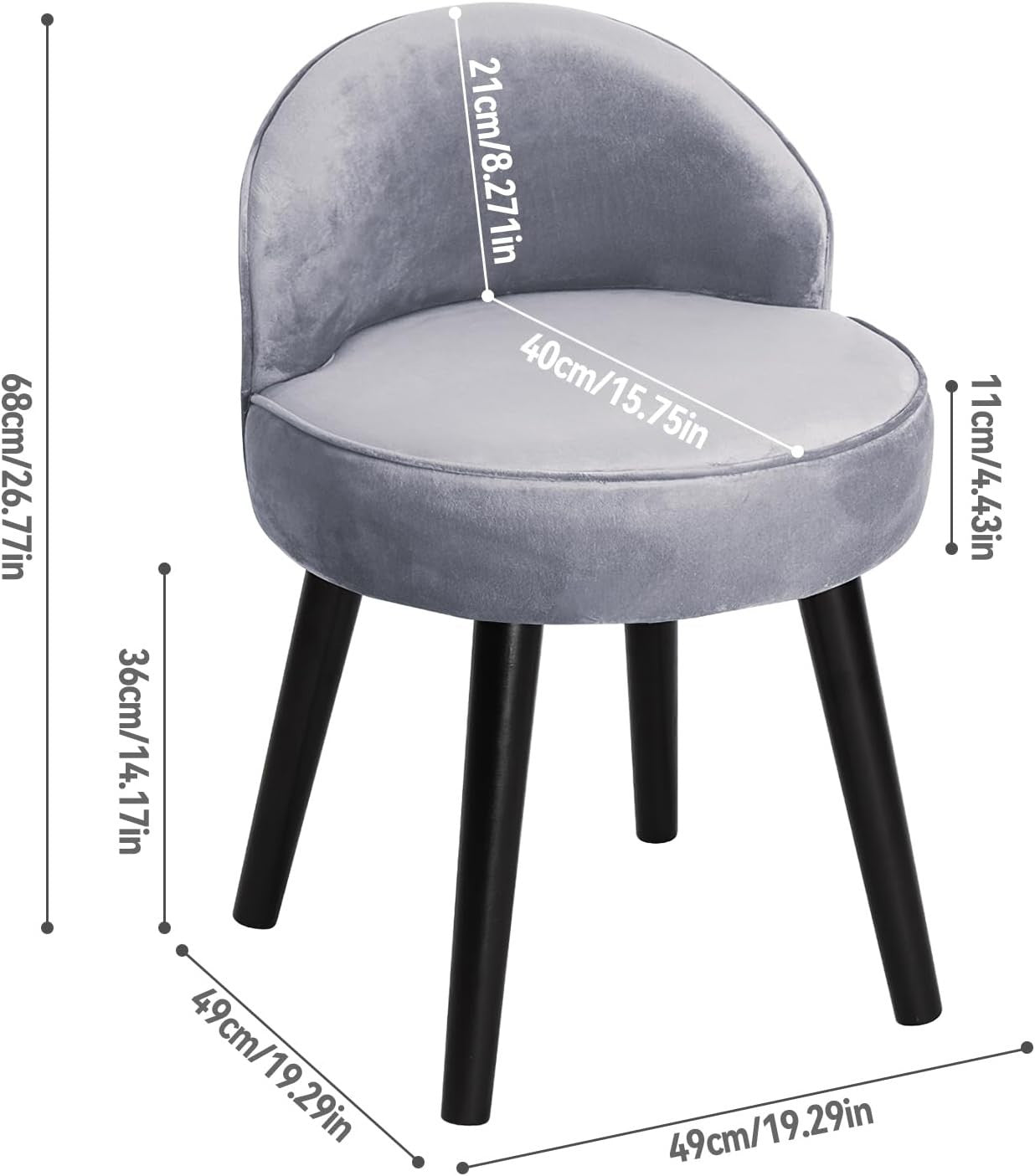 Grey Velvet Dressing Table Stool with Low Back – Soft Padded Vanity Chair