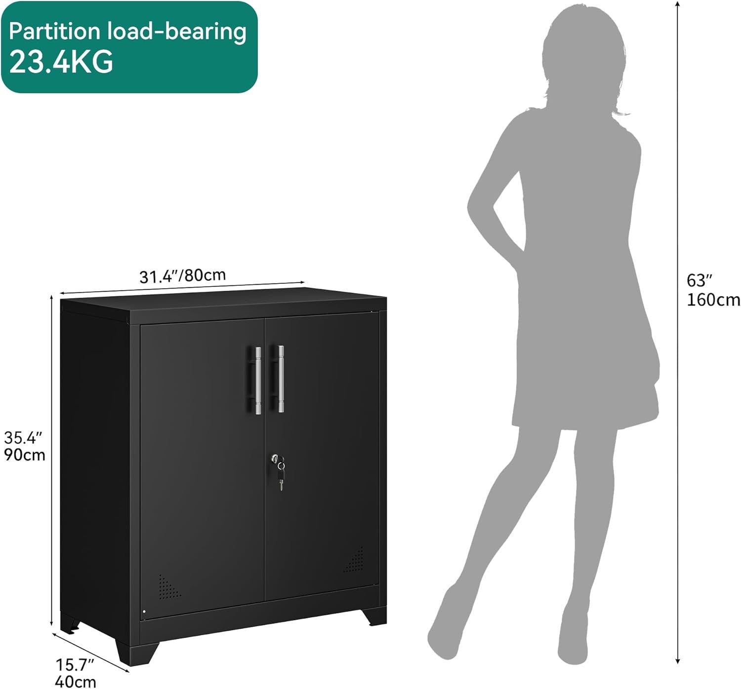 Metal Office Storage Cabinet Lockable Cupboard 2 Shelves 80x40x90cm
