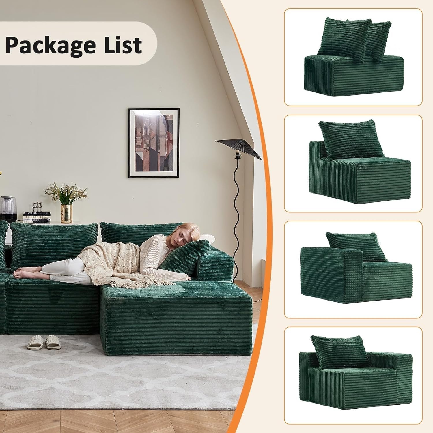 Modular 3/4 Seater Sofa Green Corner Couch No Assembly, Memory Foam, 274cm