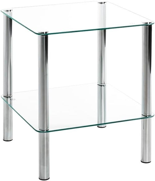 Modern Chrome Metal End Table with Tempered Glass Shelf 39x39x47cm