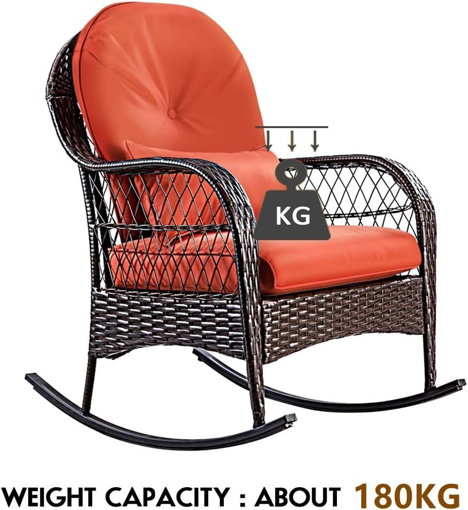Outdoor Rattan Rocking Chair with Cushions & Lumbar Support, Red