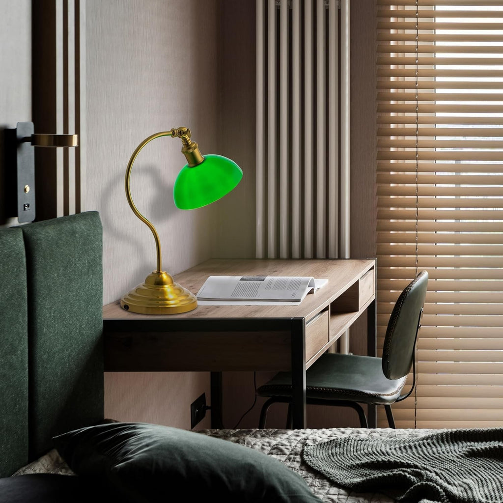 Cordless LED Desk Lamp with USB-C, 3-Level Dimming & 180° Swivel, Green Glass