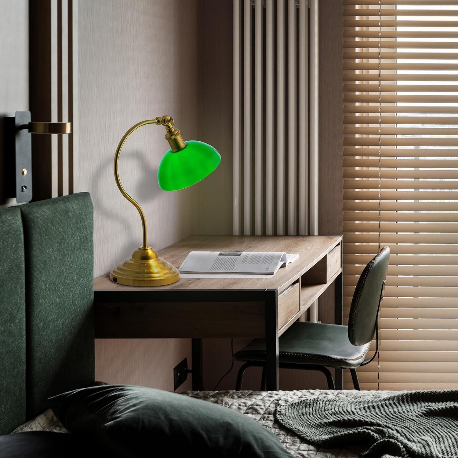 Cordless LED Desk Lamp with USB-C, 3-Level Dimming & 180° Swivel, Green Glass