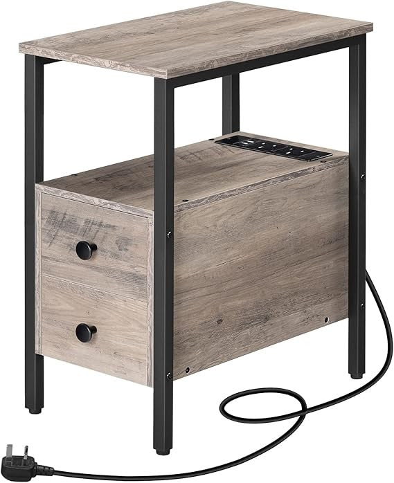 Slim Bedside Table with Charging Station, 2 Drawers, USB Ports, Modern Narrow
