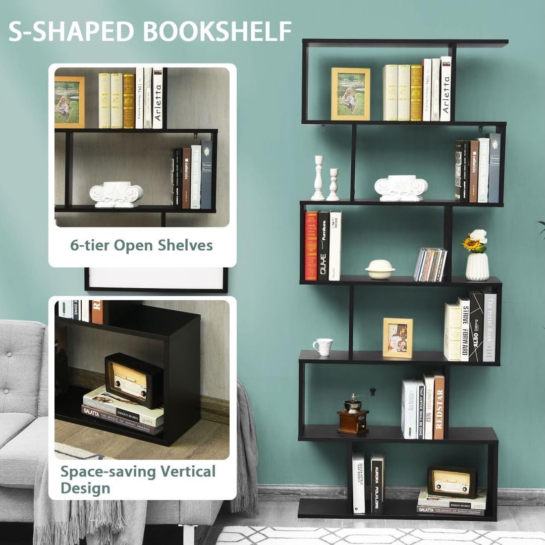 Modern 6-Tier S-Shaped Bookshelf Tall Freestanding Display Storage Unit Black