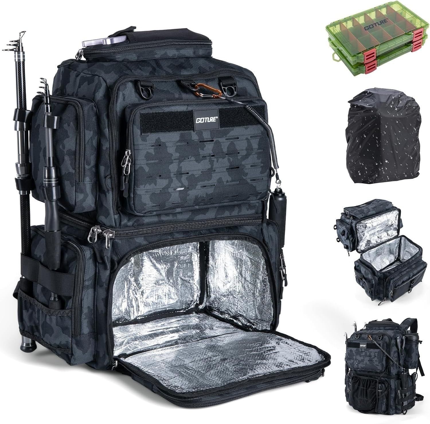 Goture 53L Insulated Fishing Tackle Bag Backpack with Rod Holders & Boxes