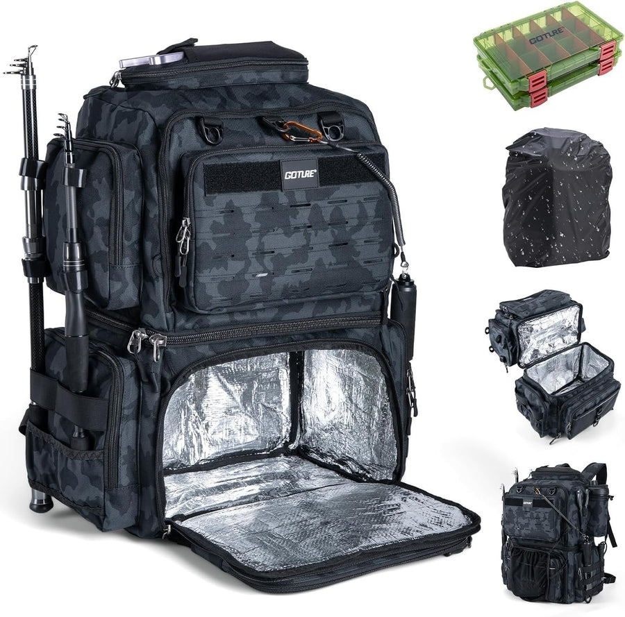 Goture 53L Insulated Fishing Tackle Bag Backpack with Rod Holders & Boxes