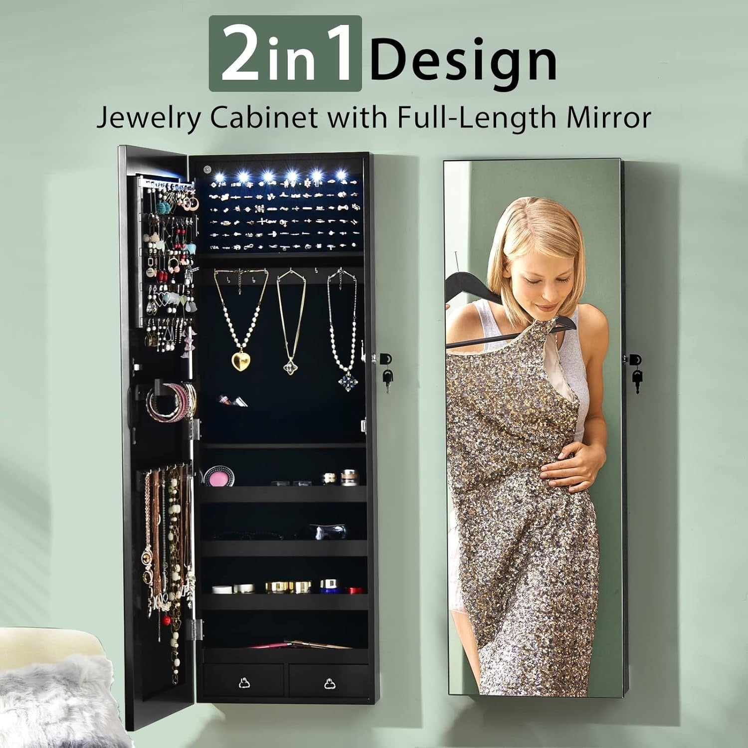 Black LED Jewelry Armoire Wall or Door Mounted Lockable Mirror Storage