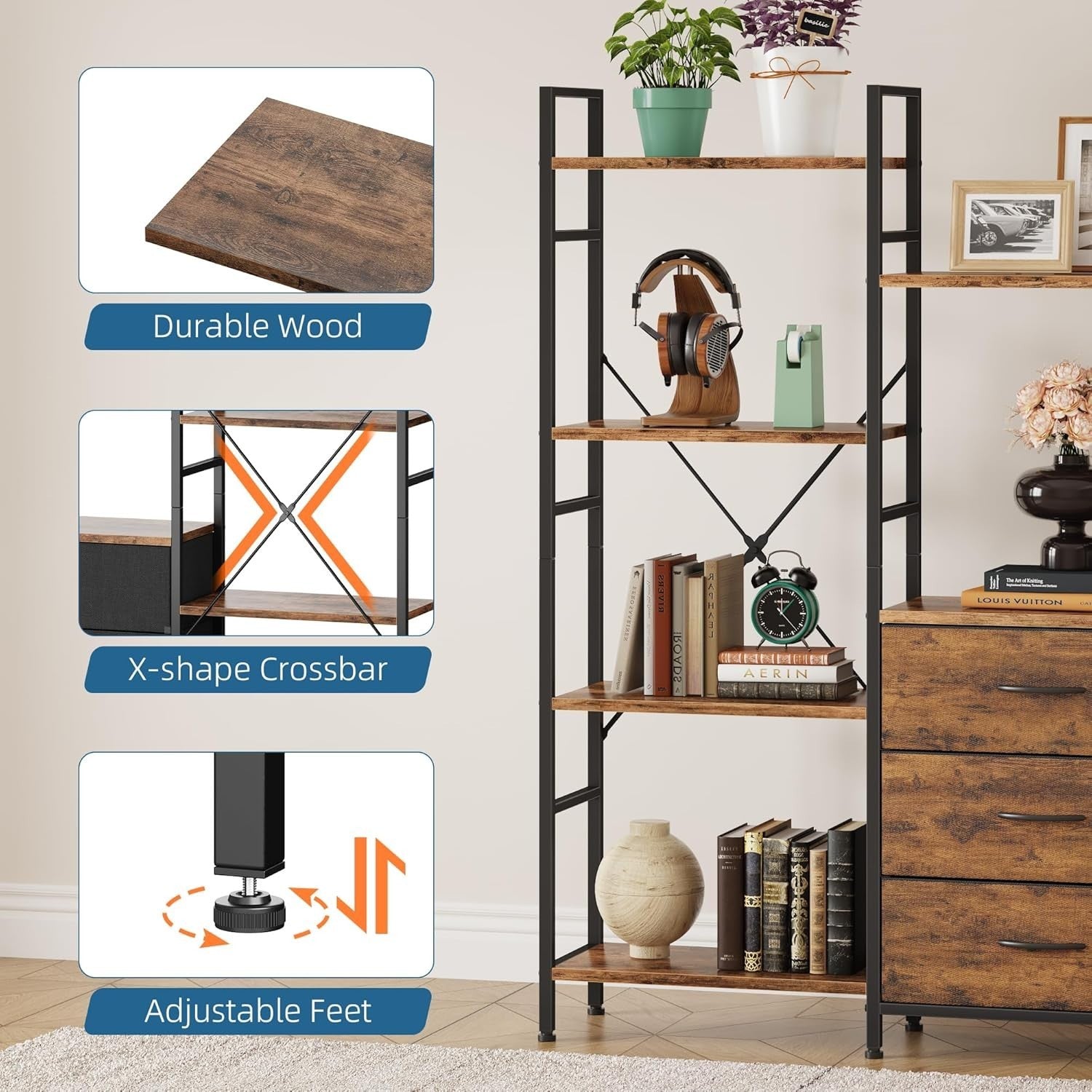 150cm Wide Tall 4-Tier Bookcase with 3 Fabric Drawers Industrial Storage