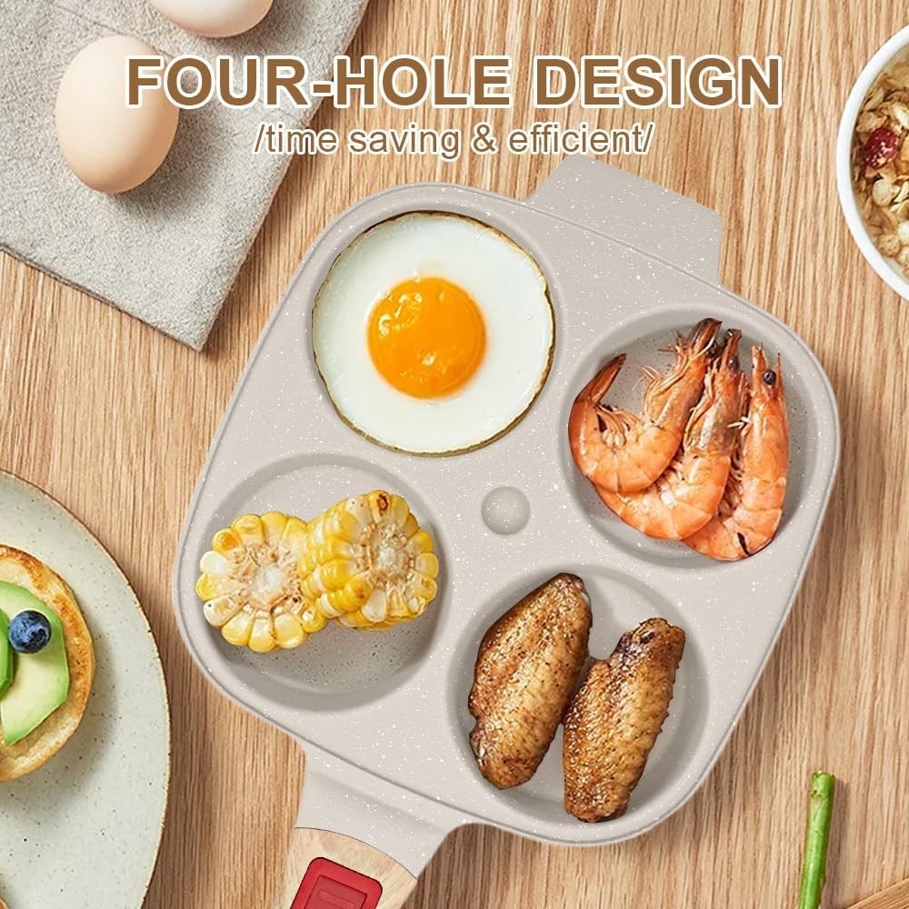 4-Cup Egg Pan Non-Stick Pancake Skillet w/ Lid & Detachable Handle White