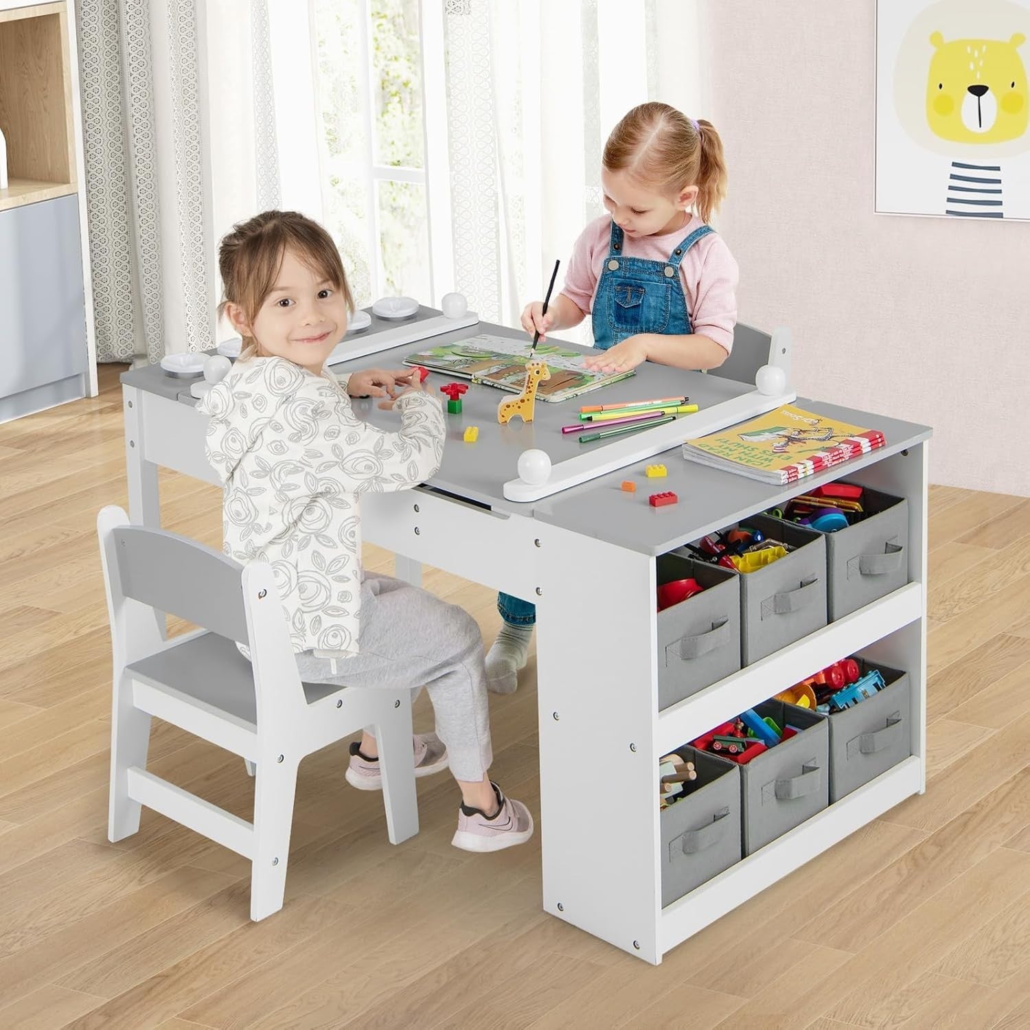Kids Art Table & Chair Set Easel Desk w/ Storage Bins & Paint Cups