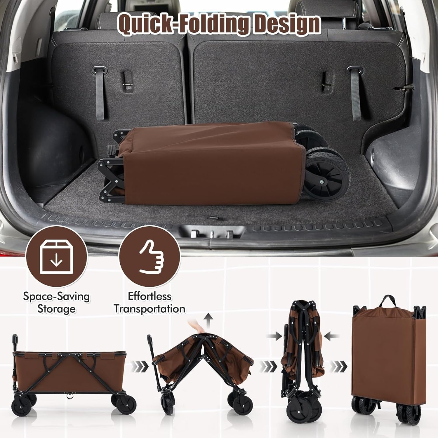 Brown Folding Camping Wagon 170L Heavy Duty Collapsible Garden Cart w/ Handle