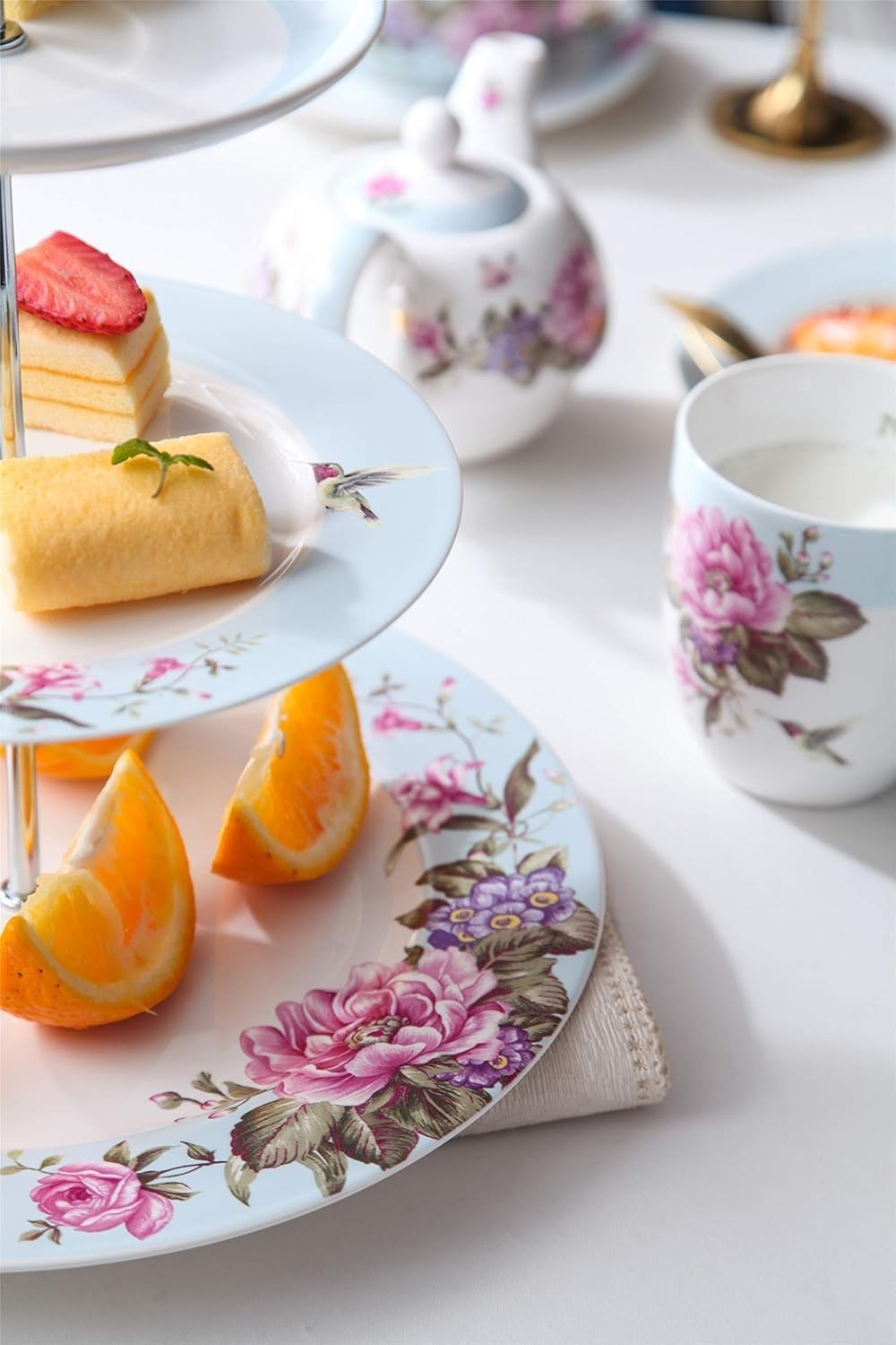 Tea For One Teapot Cup Saucer Set Blue Floral Bird Rose Gift Box