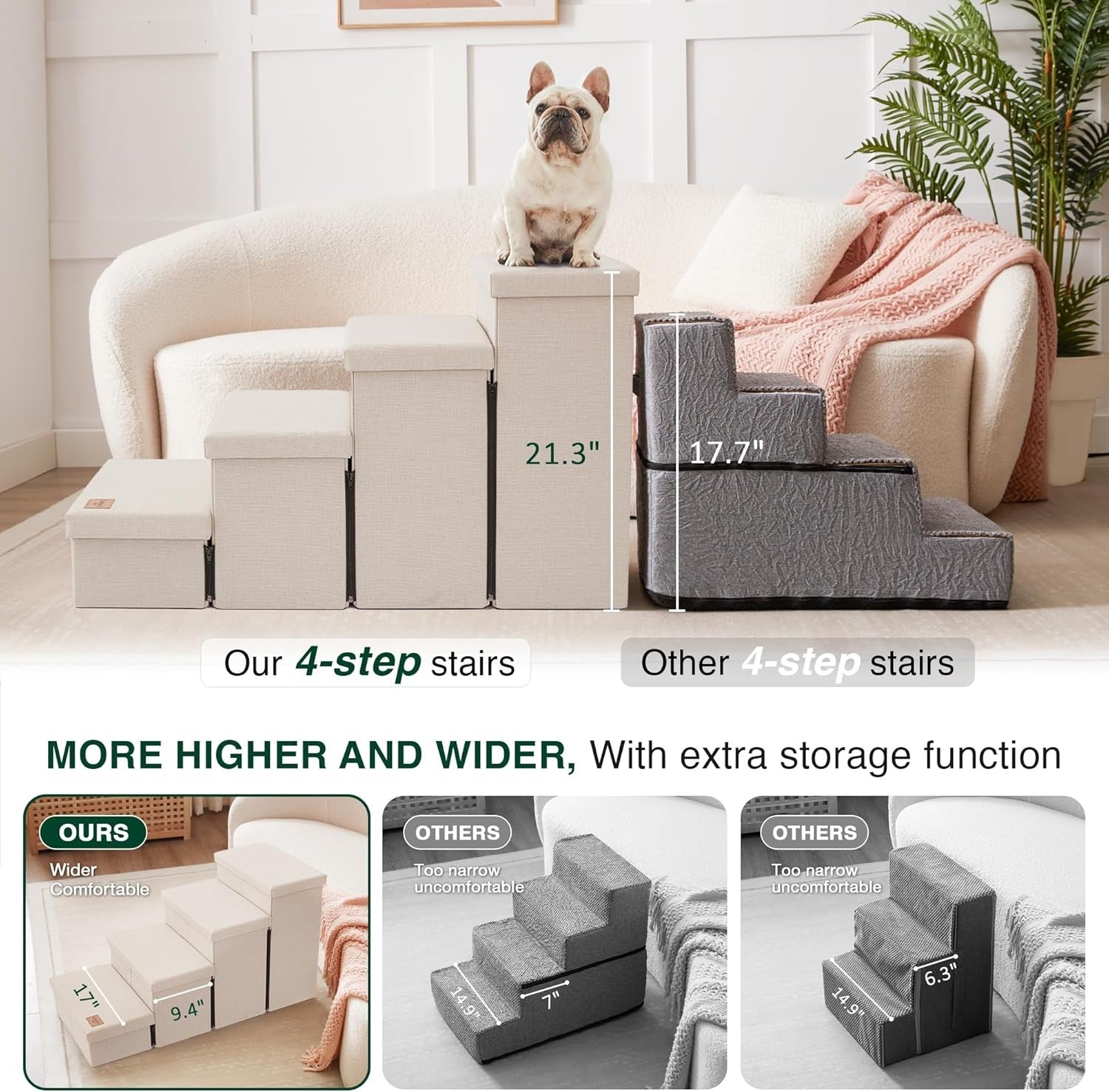 Dog Stairs 4 Step with Storage Foldable Pet Steps Beige 200lb