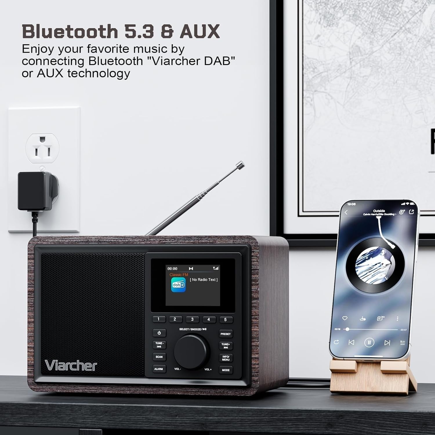Mains DAB/DAB+ FM Radio Bluetooth Dual Alarm Kitchen Walnut