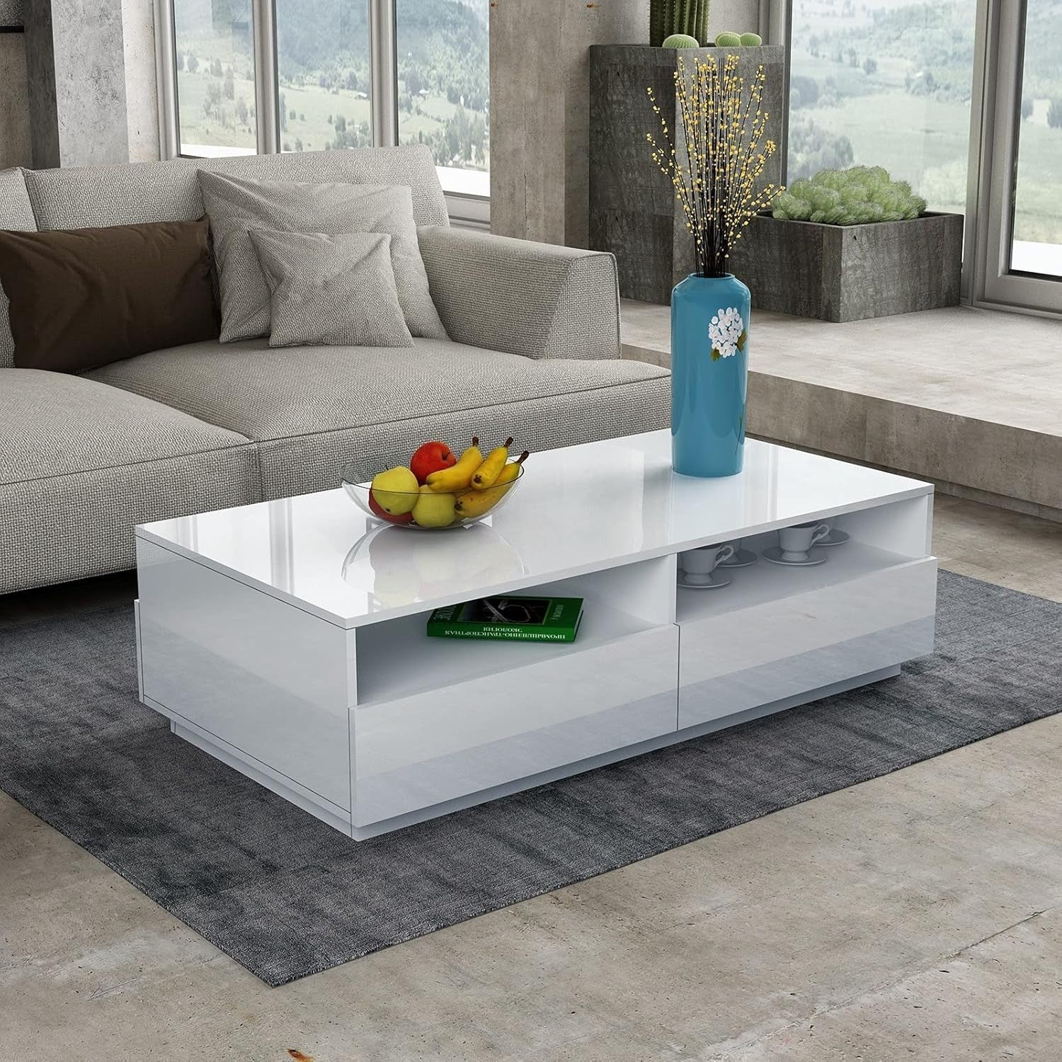 Modern White Gloss Coffee Table with 4 Drawers Storage 85x55x35cm
