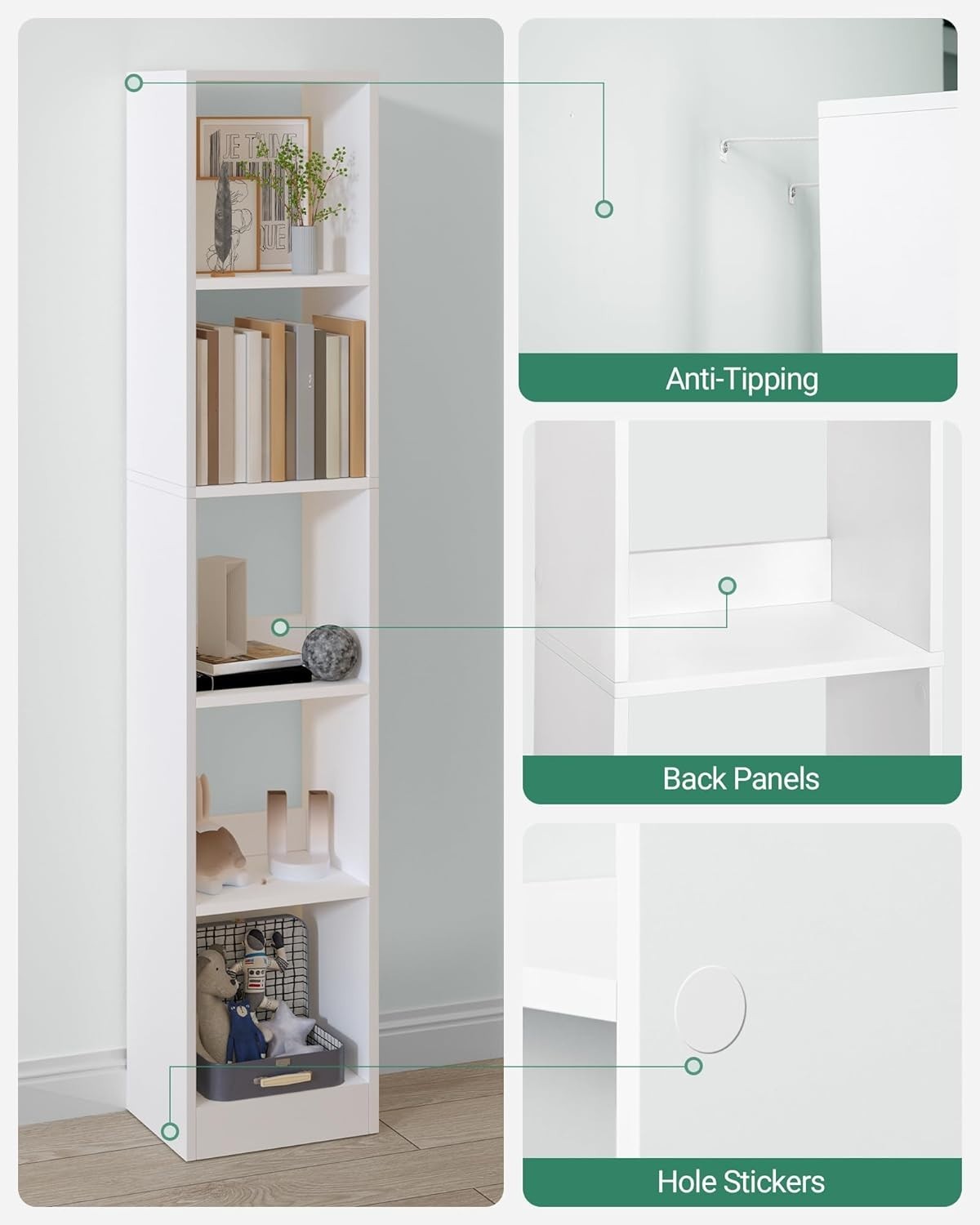 Modern 5-Tier White Wooden Bookshelf, Adjustable Shelves, 24x30x153 cm