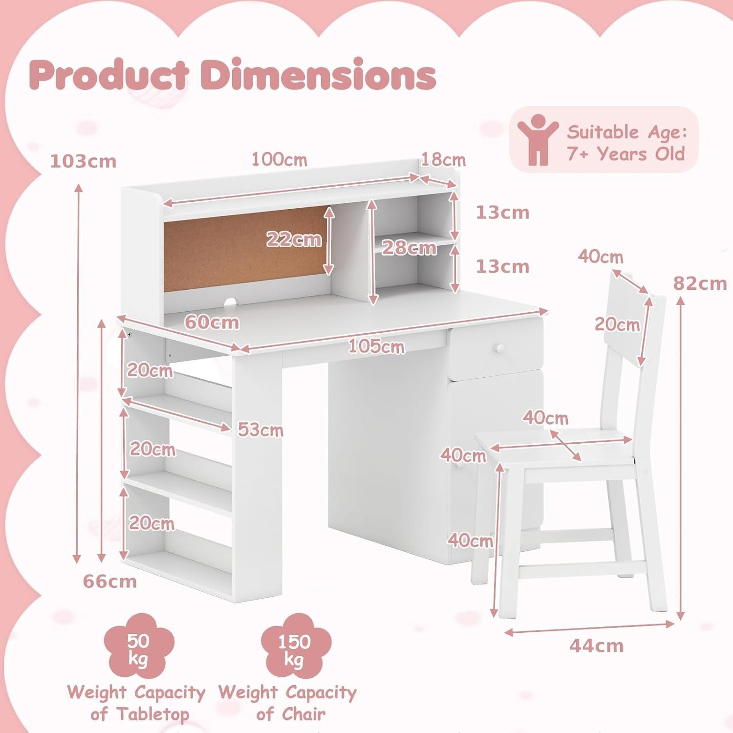 Kids Study Desk and Chair Set Wooden Writing Table Storage Shelves Drawer White