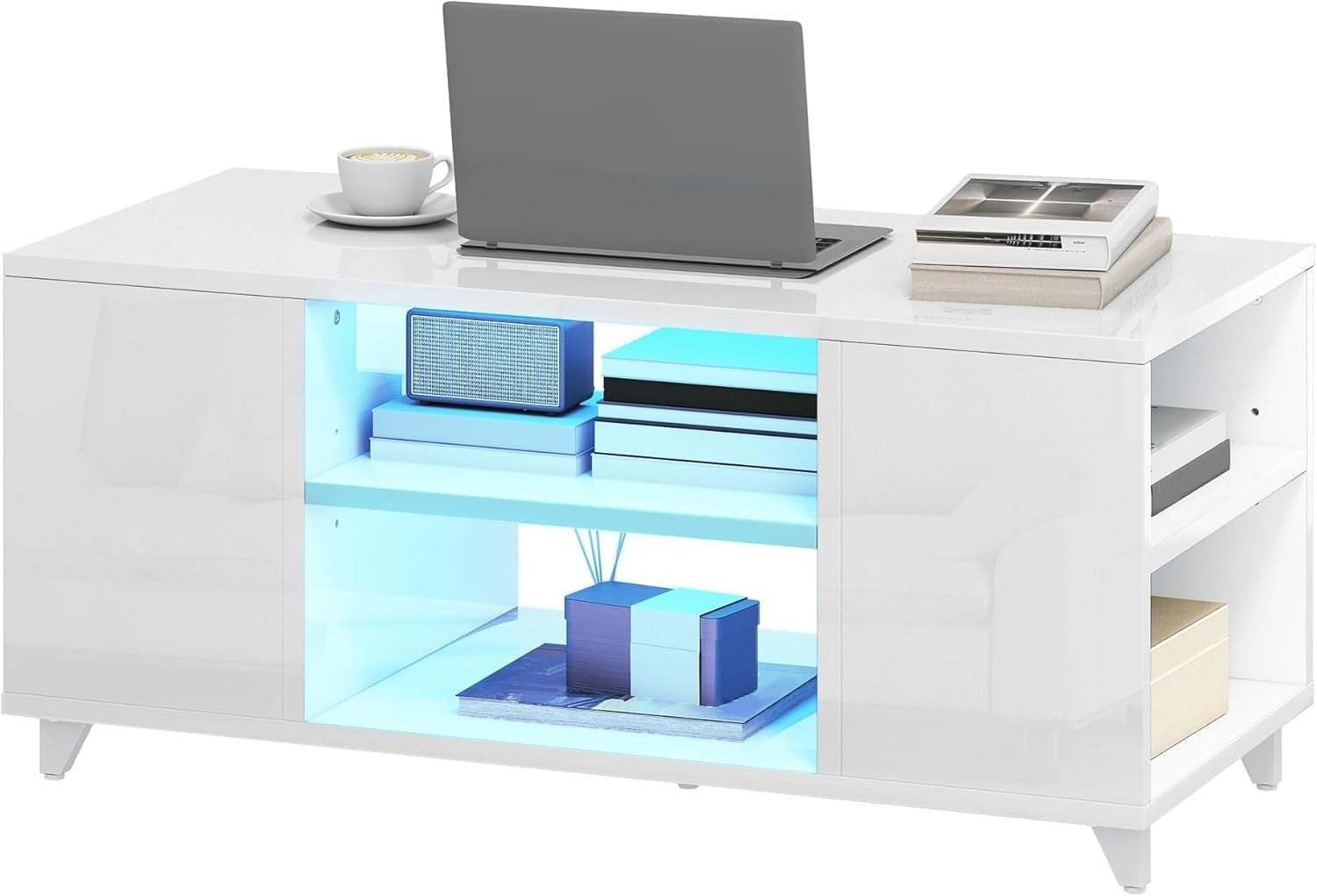 High Gloss Coffee Table with Storage & RGB LED Light – Modern 97.5x48x45 cm