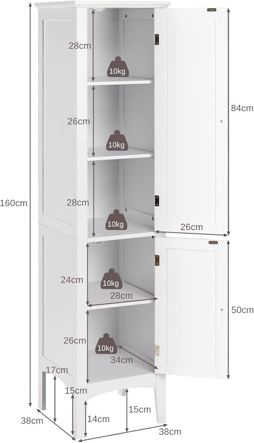 White Tall Bathroom Cabinet with 5 Shelves & Doors Freestanding Storage