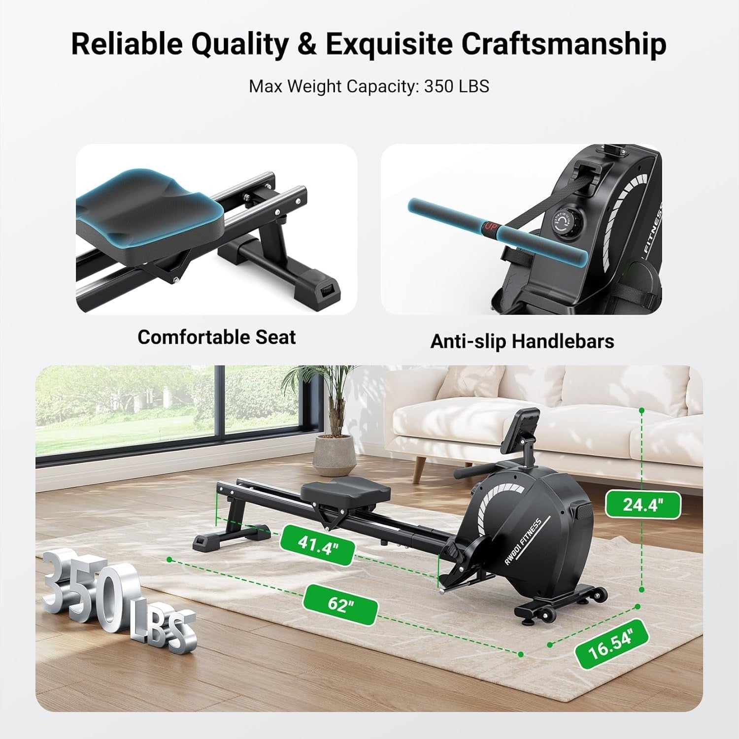Rowing Machine 16-Level Quiet Resistance Bluetooth LCD Dual Rail 350LB