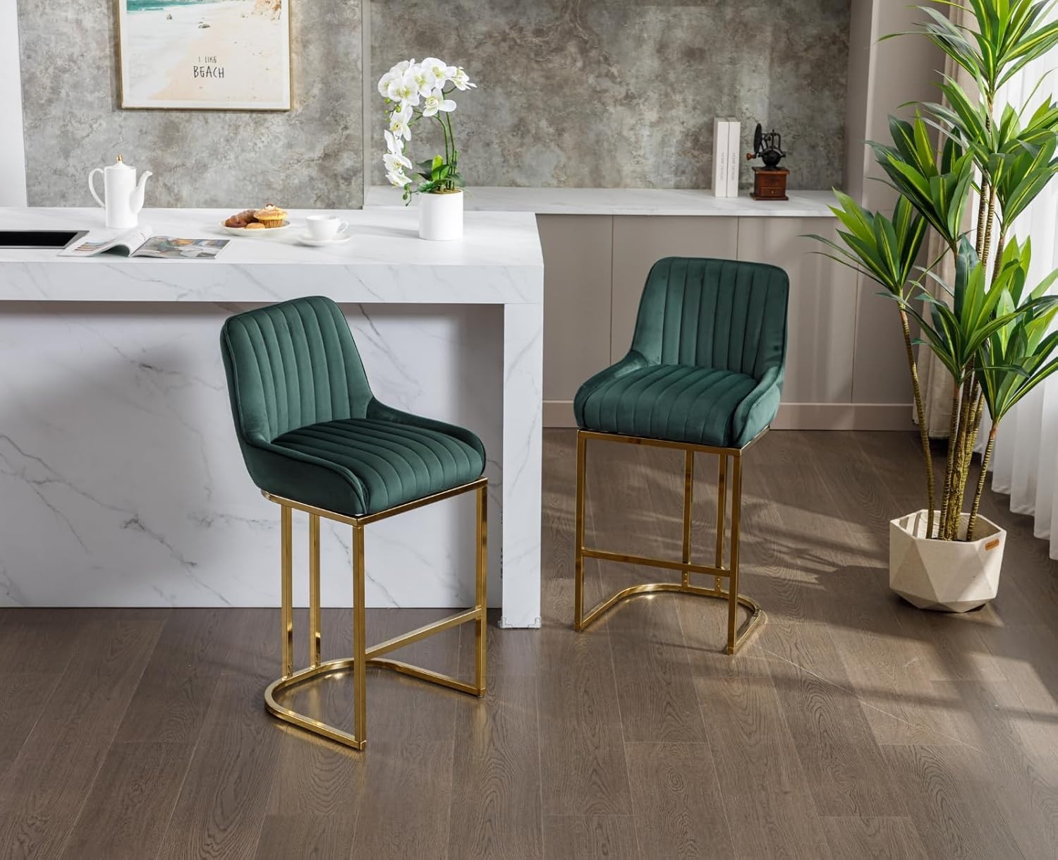 Bar Stools Set of 2 | Green Velvet L-Shaped Counter Dining Chairs