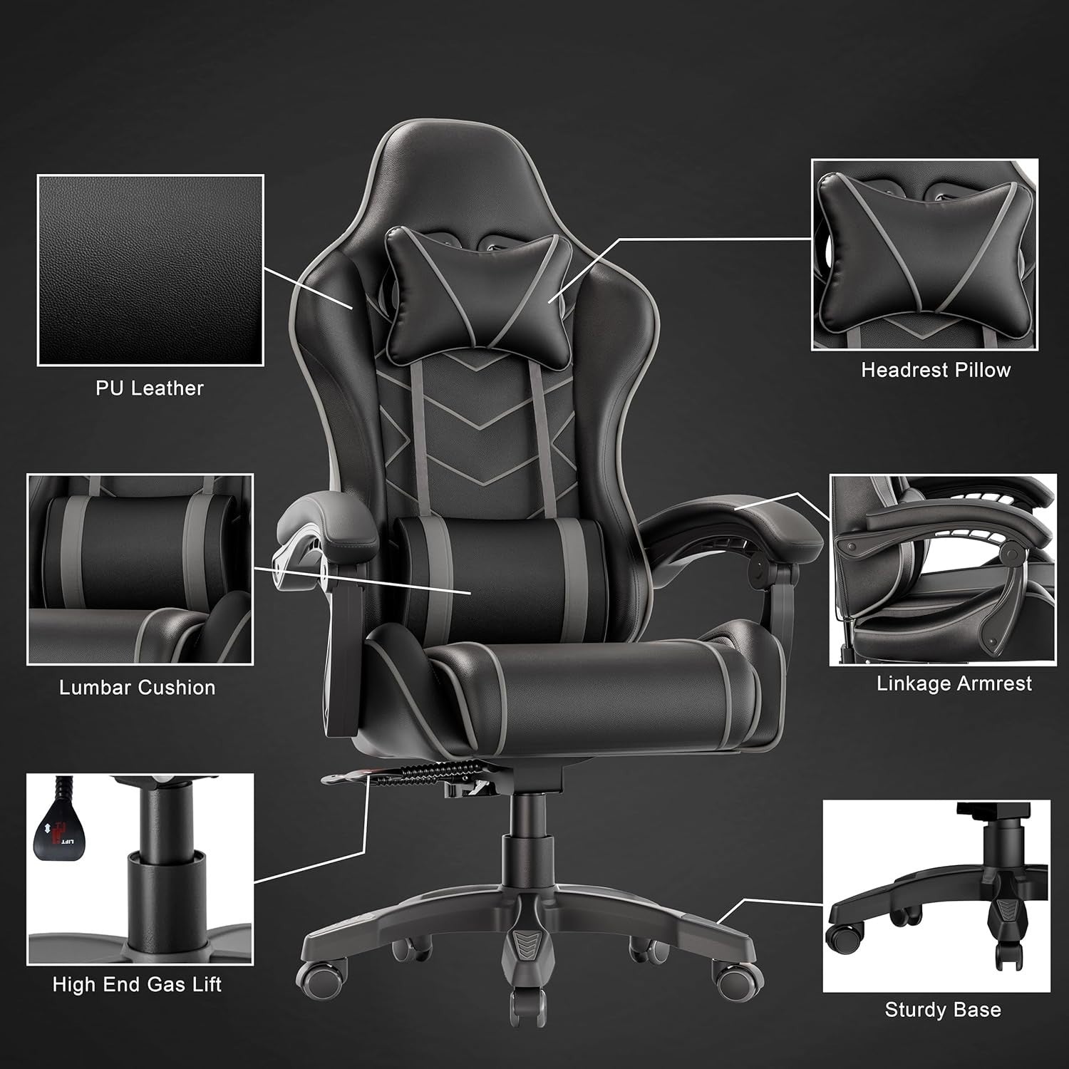 Ergonomic Gaming Office Chair PU Leather Recliner Swivel 150kg Max Load Grey