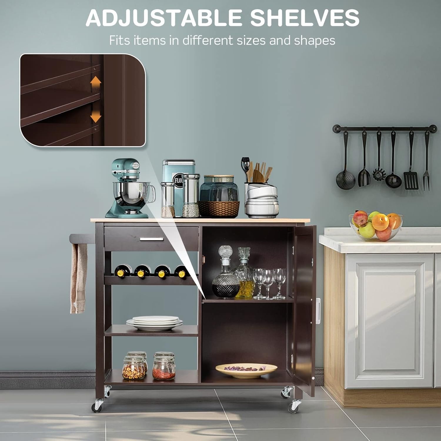 Rolling Kitchen Island Cart with Wine Rack Adjustable Shelf Oak Wood Top