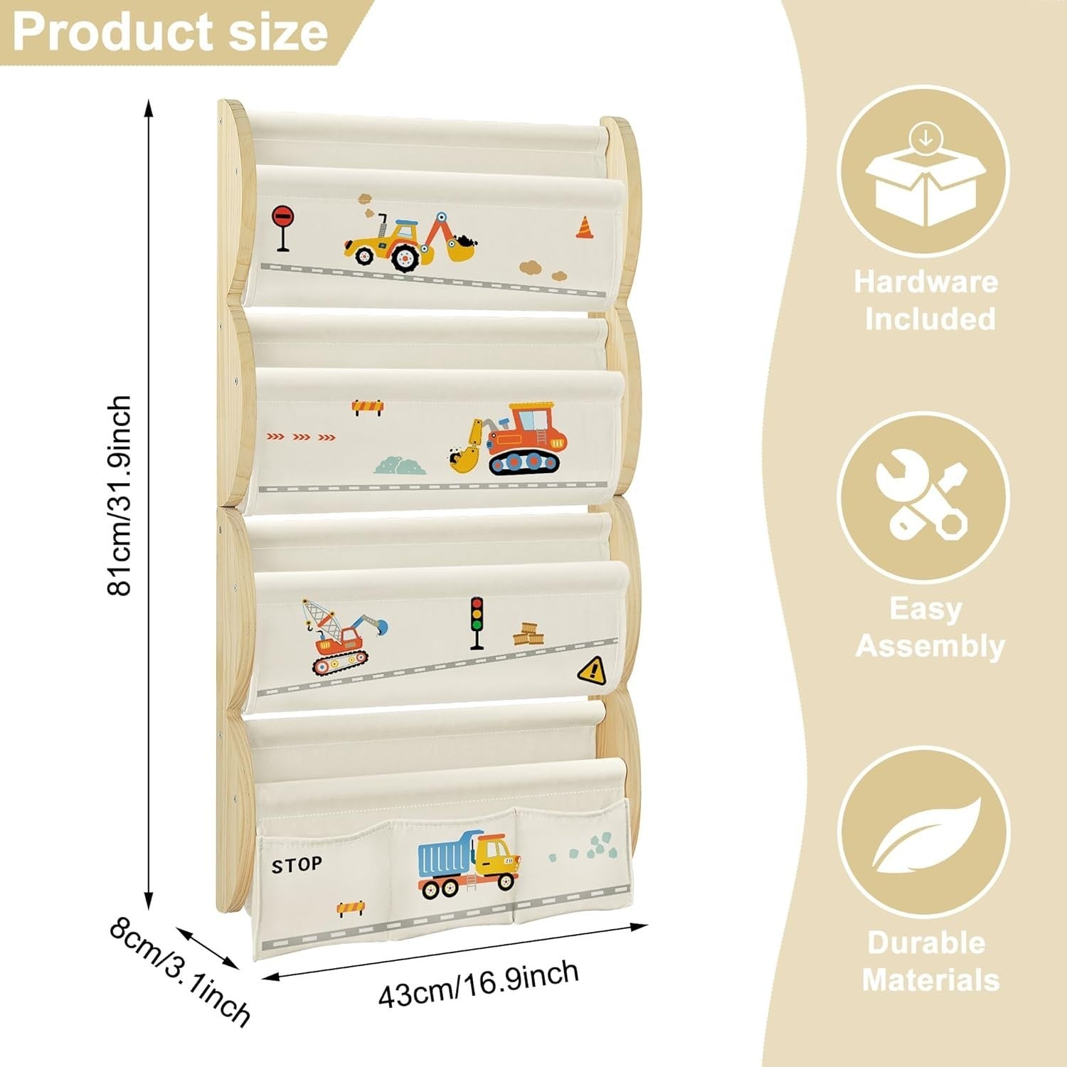 Montessori Kids Bookshelf Wall Mounted 4 Tier Display Storage Rack Shelf
