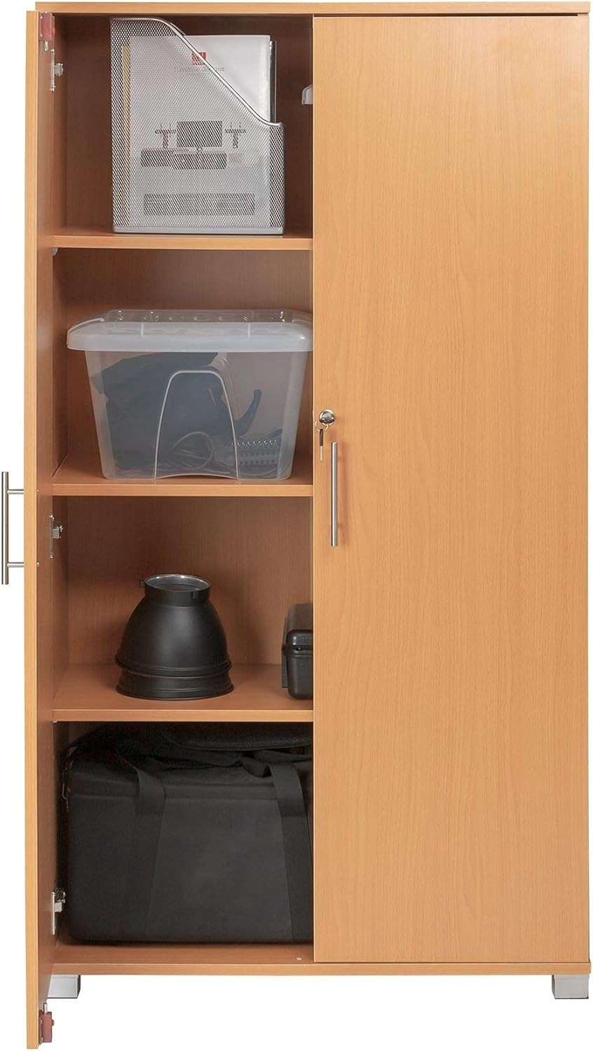 Beech Office Storage Cabinet Lockable 2 Door Cupboard Adjustable Shelves