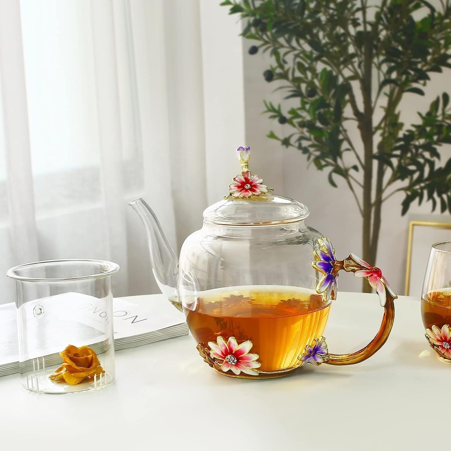 Glass Flower Teapot 35oz Tea Maker with Infuser Floral Gift for Women