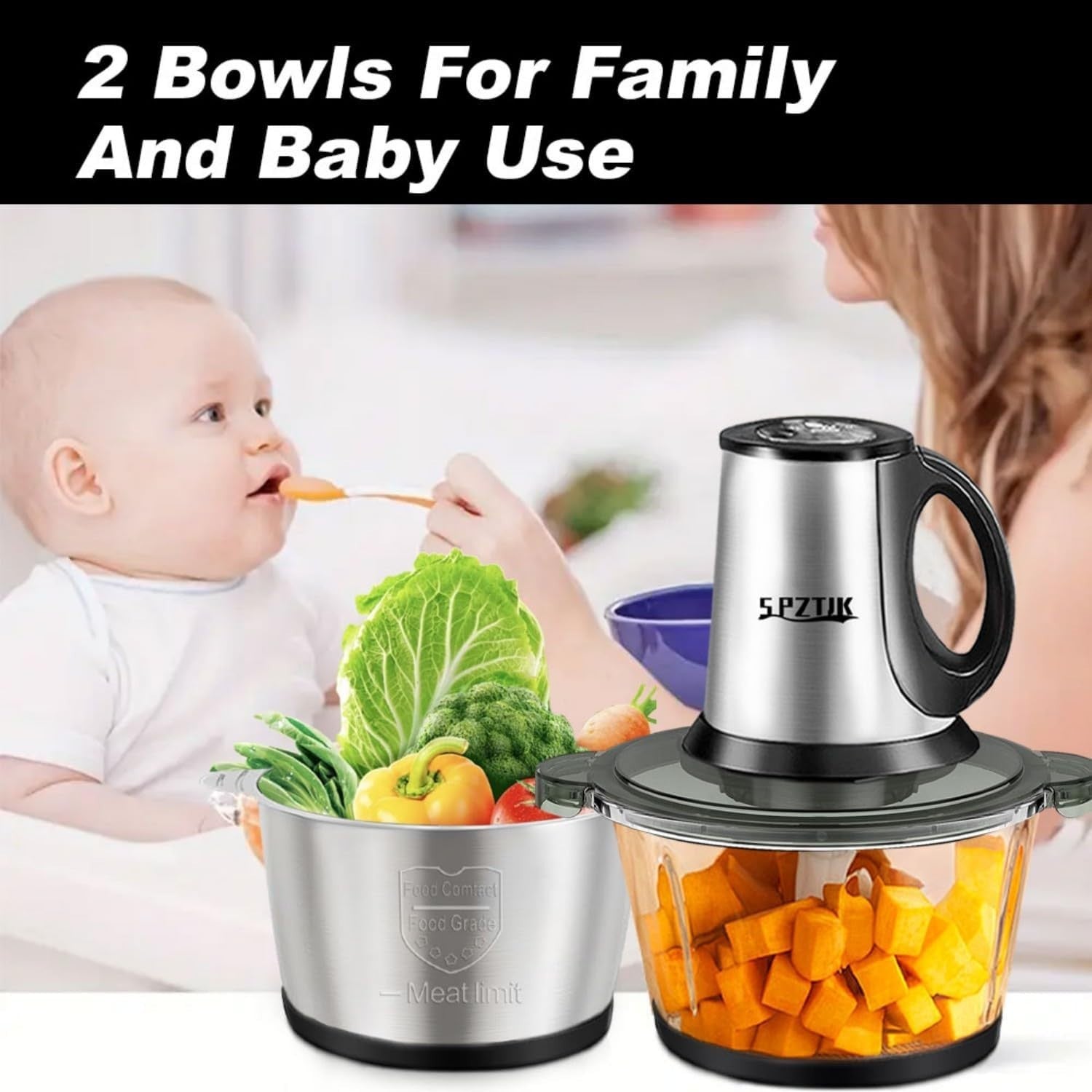 8 Cup Food Processor 300W Meat Grinder Dual Bowl 3 Speed Chopper