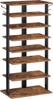 Tall Narrow Wooden Shoe Rack 8-Tier Storage Organizer with Hooks Industrial