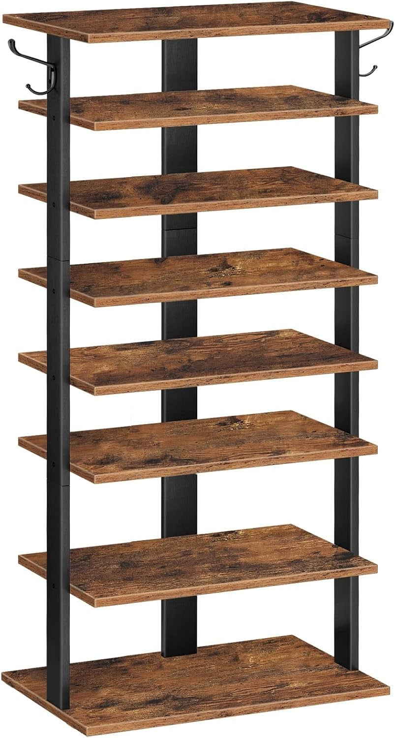 Tall Narrow Wooden Shoe Rack 8-Tier Storage Organizer with Hooks Industrial