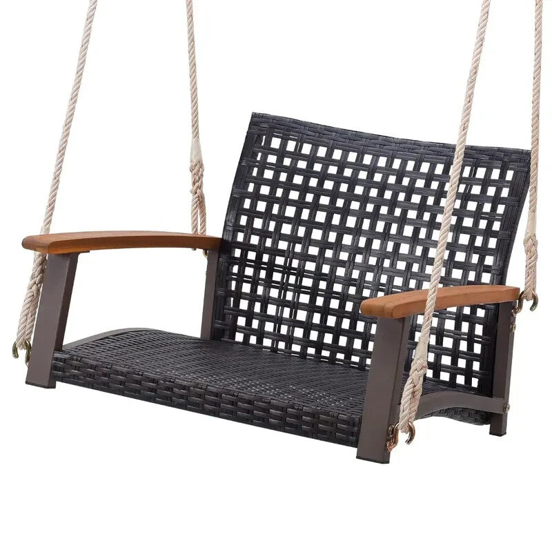 Rattan Porch Swing 2-Seater Acacia Armrests Outdoor Hanging Chair 180 kg