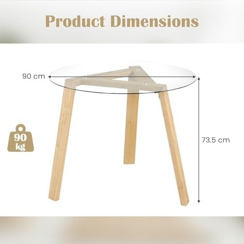 Round Glass Dining Table 90cm Natural Rubber Wood Frame Modern
