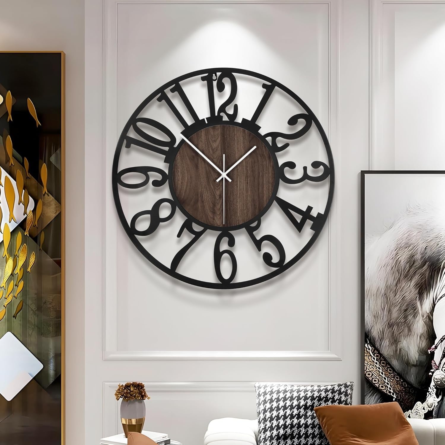 Large 34cm Silent Wall Clock Modern Rustic Metal Wood Arabic Number Decor