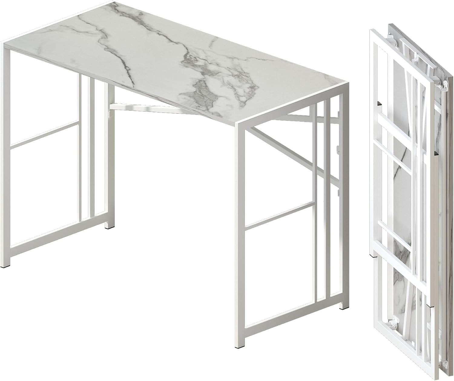 Folding Desk 103cm White Marble No Assembly Home Office Computer Table