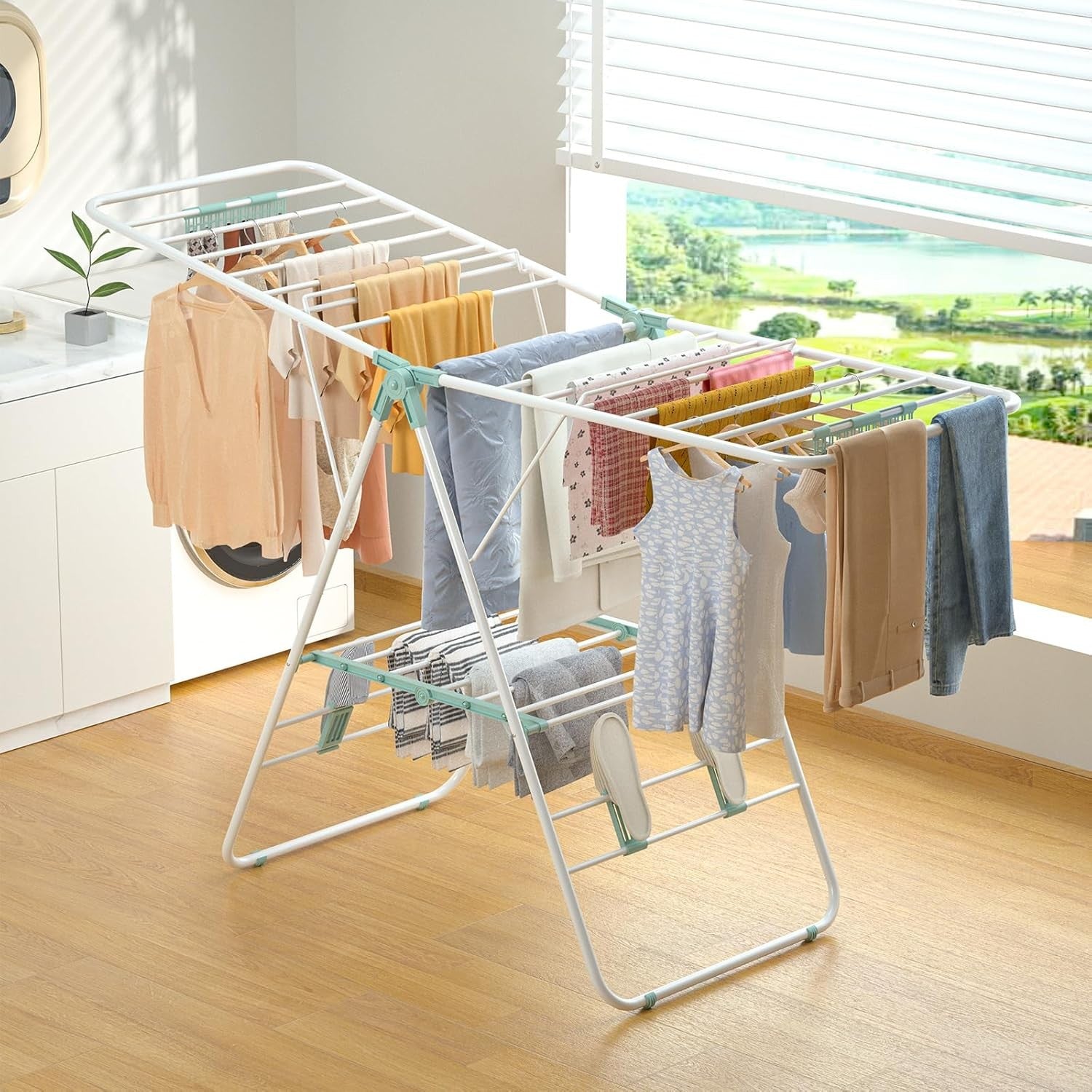 Foldable Clothes Airer Large Drying Rack Height Adjustable Wings Indoor