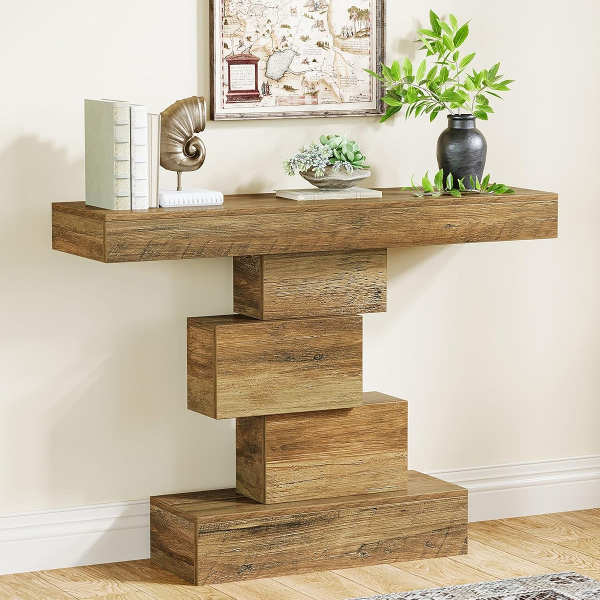 Rustic Oak Console Table with Geometric Base, Slim 108cm Sofa Hallway Table