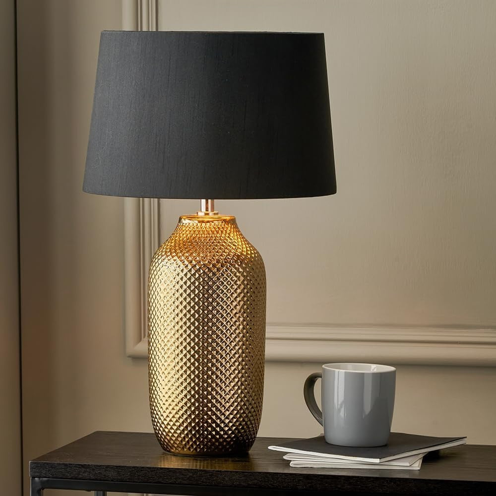 Art Deco Gold Ceramic Table Lamp with Black Shade, Compact & Stylish