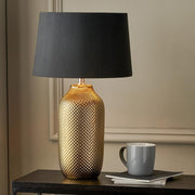 Art Deco Gold Ceramic Table Lamp with Black Shade, Compact & Stylish